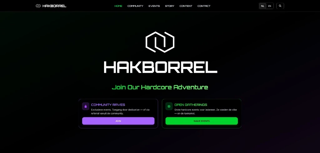 Homepagina van Hakborrel, met community raves en events