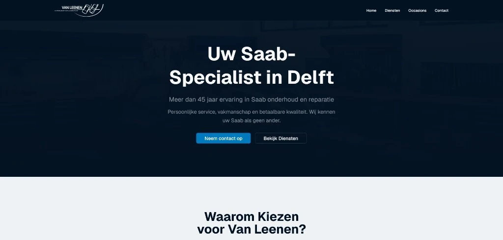 Homepagina van Van Leenen, Saab-specialist in Delft